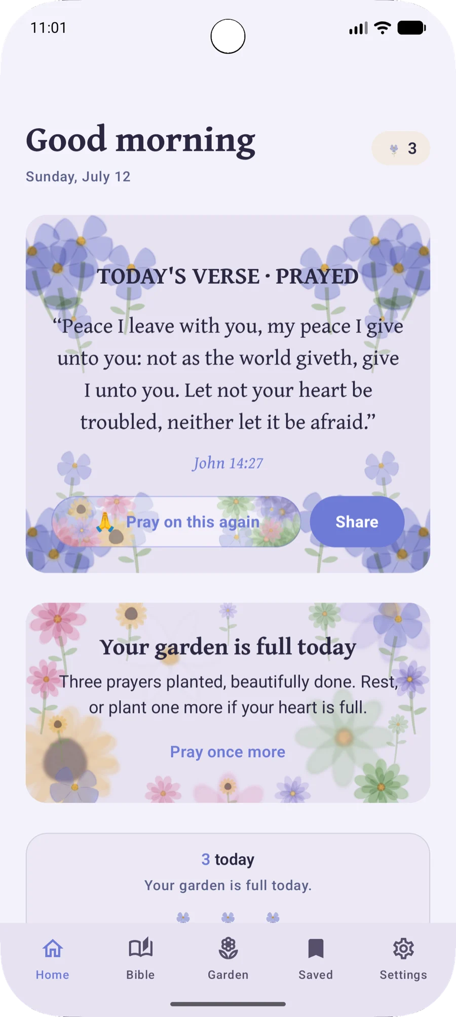 The Verse Gardens home screen showing the daily verse
